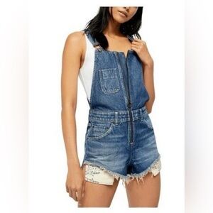 We the Free Sun Kissed Denim Zip-Front Short Overalls